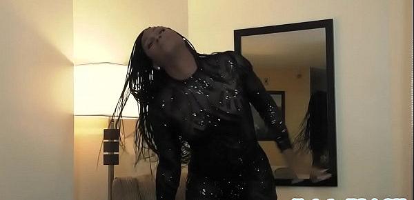  Busty solo tranny strokes her black dong